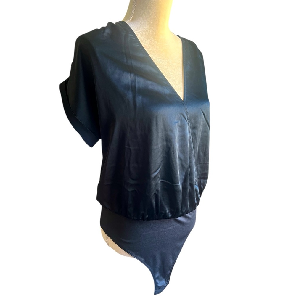 A New Day Black Satin Bodysuit - Deep V Neck, Short Sleeve, Size Small NWT